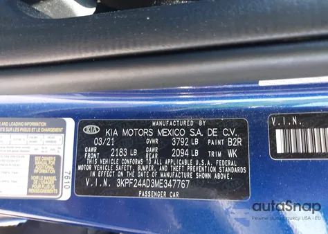 2021 Kia Forte Lxs from USA, damaged, VIN 3KPF24AD3ME347767